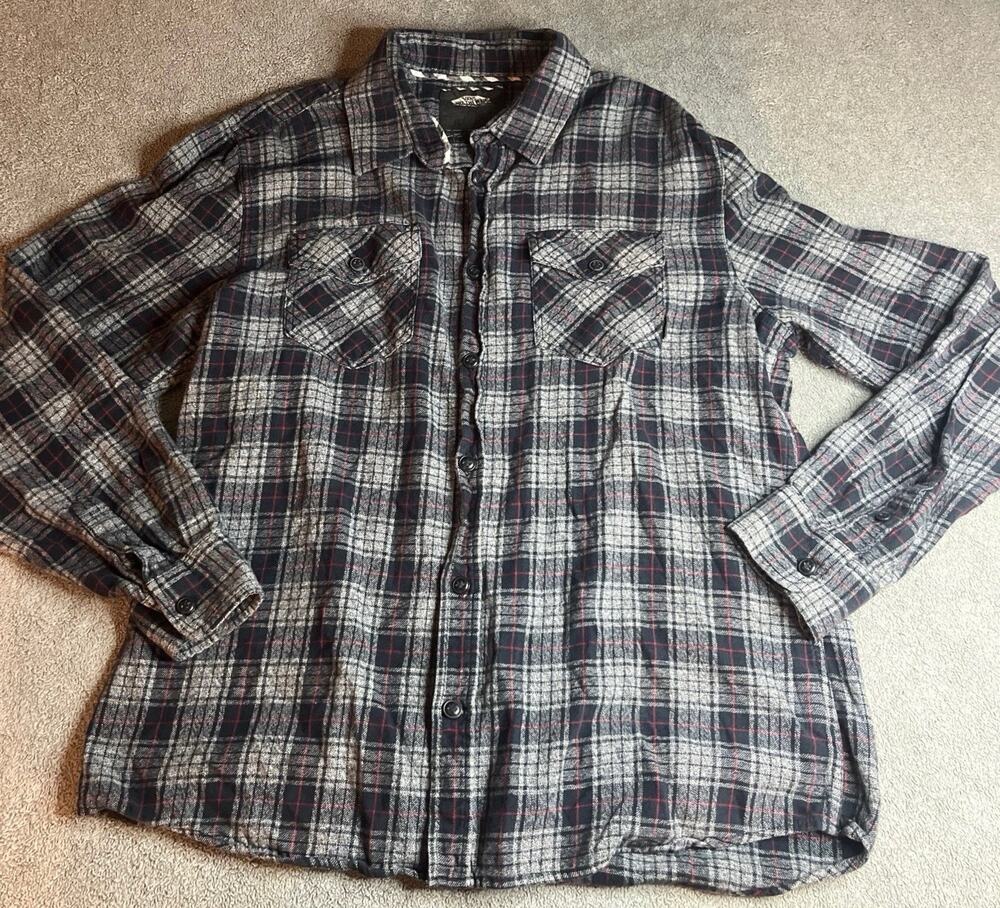 VANS Men's XL Plaid Flannel Shirt Black Gray Red Button Up Off The Wall Cotton